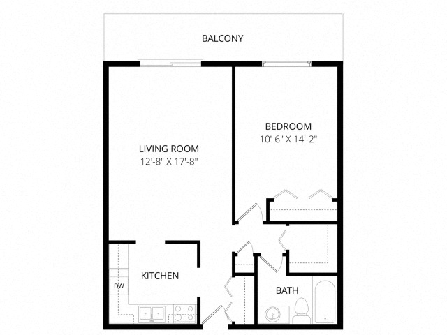 Floor plan for 1 bed, 1 bath, 620 sqft